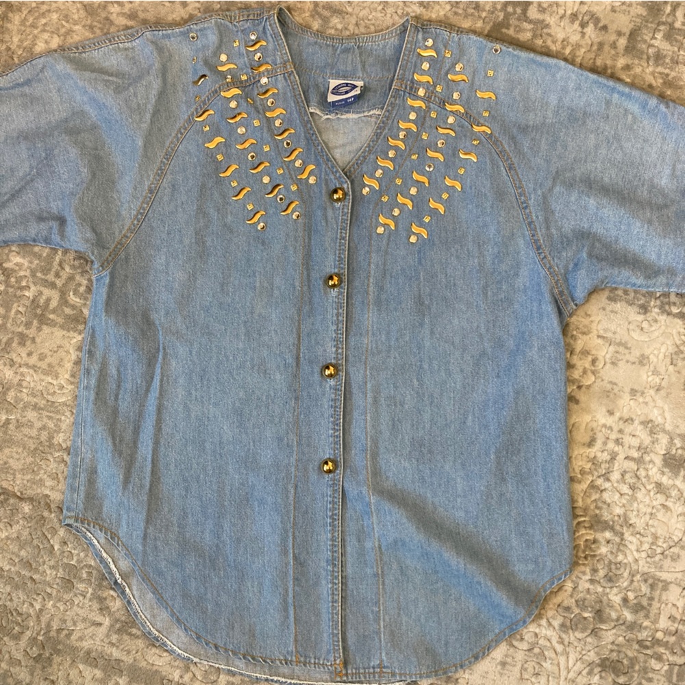Vintage BINGO BINGO Blue Denim Shirt With Gold embellished rhinestones 1…